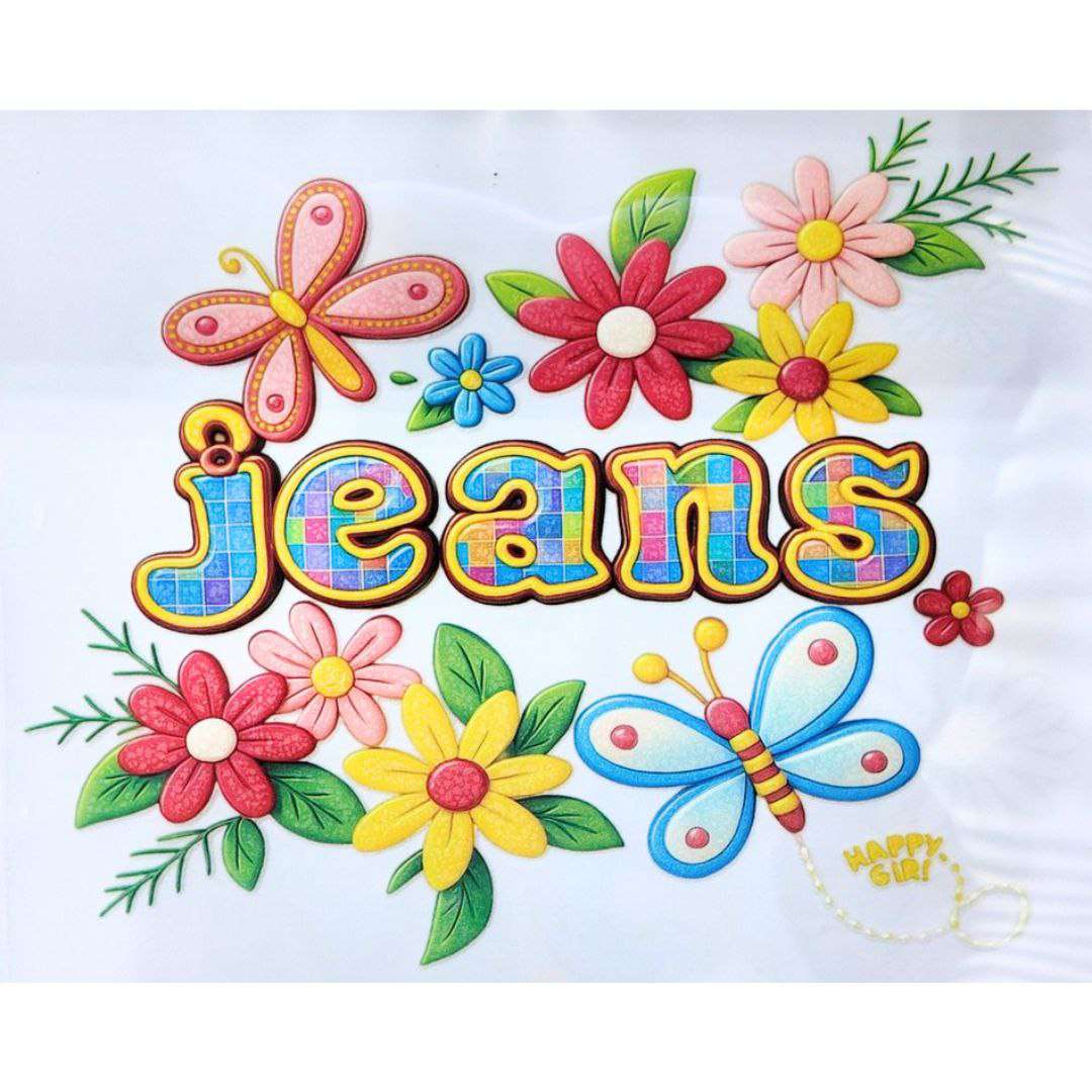 Jeans Happy Girl Design Girls DTF Emboss Sticker