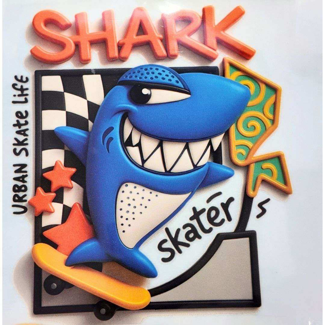 Shark Skater Design Kids DTF Emboss Stickers